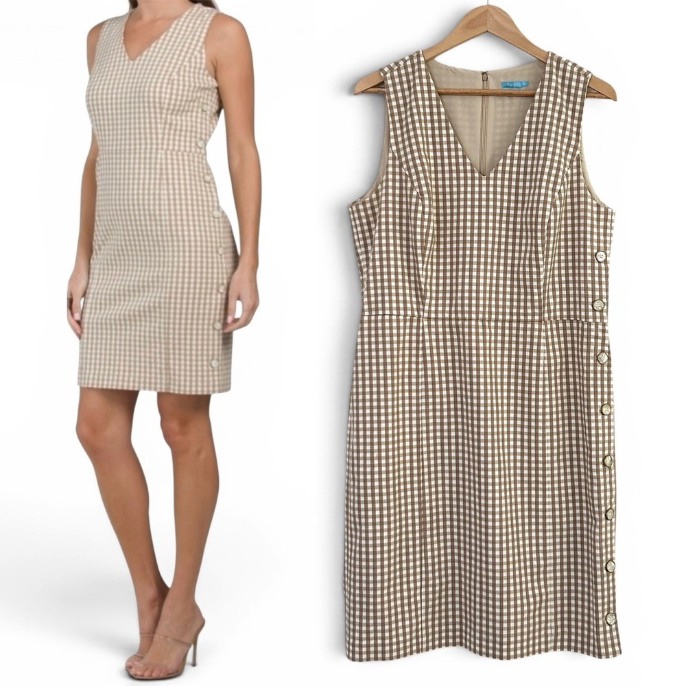 J. Mclaughlin Women's Size 14 Tan White Paulson Gingham Sleeveless Sheath Dress